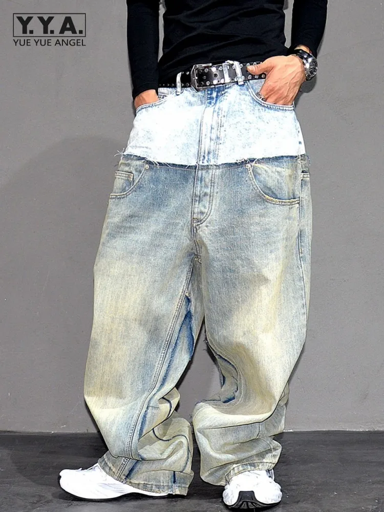 

New Mens Youthful Style Spliced High Street Hip-Hop Jeans Mid Waist Straight Loose Fit Wide Leg Pants Full Length Denim Trousers