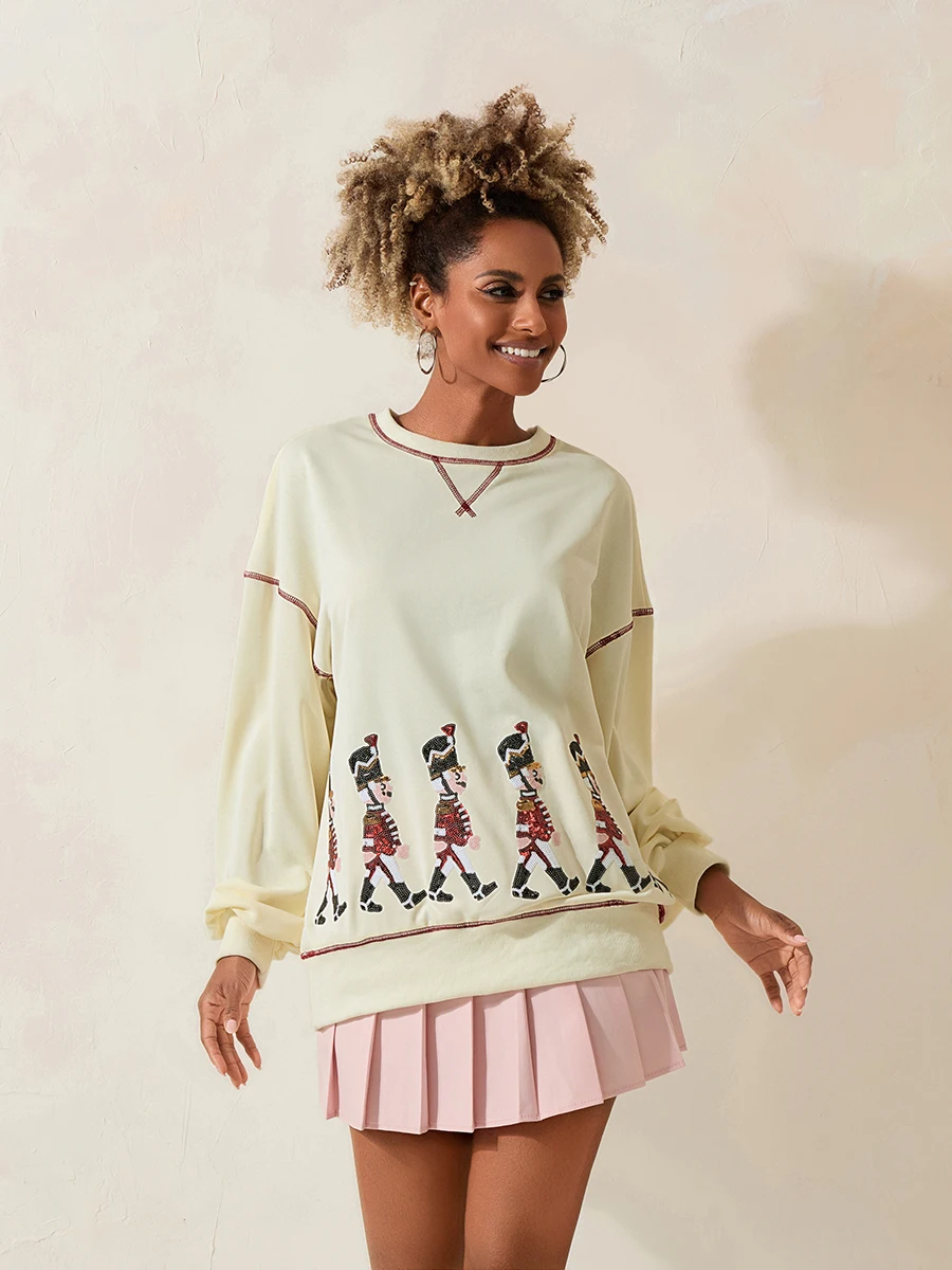 여성용 스팽글 만화 맨투맨, 대비 색상 스티칭, 긴 소매 라운드 넥, 캐주얼 풀오버 상의