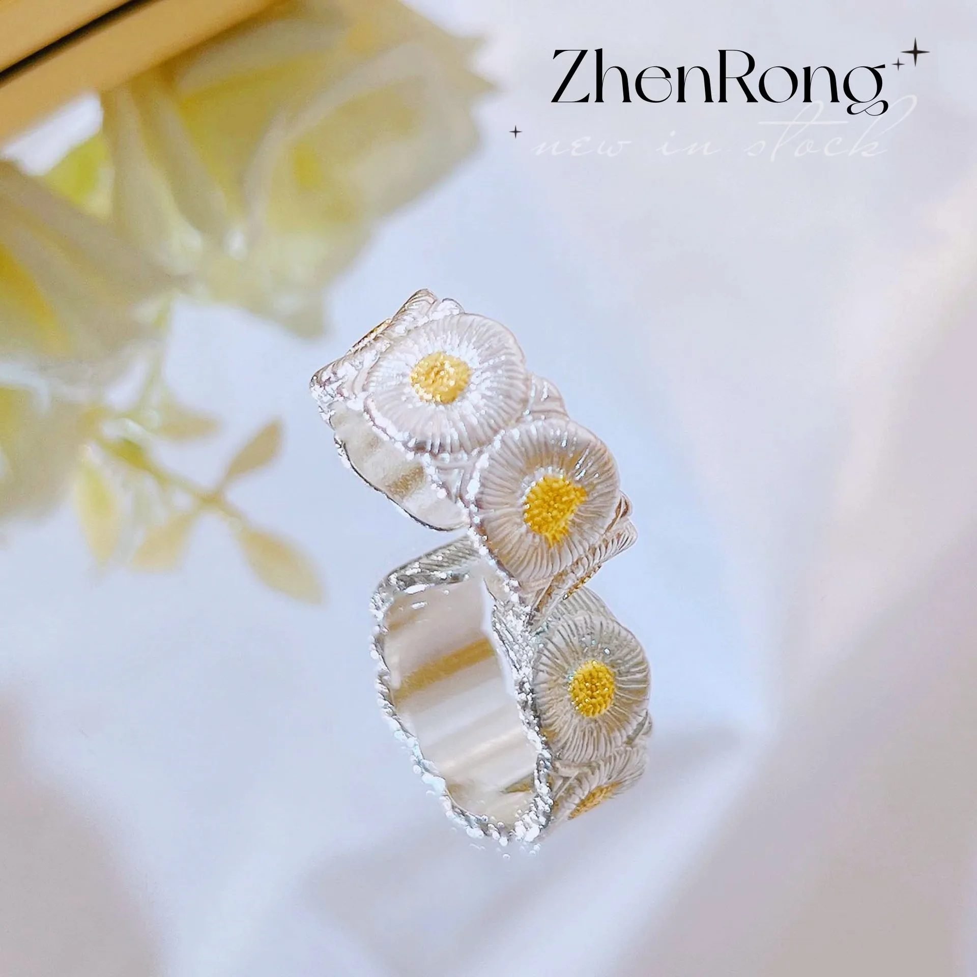 S925 Sterling Silver Two-Color Small Daisy Open Ring Couple Ring Female