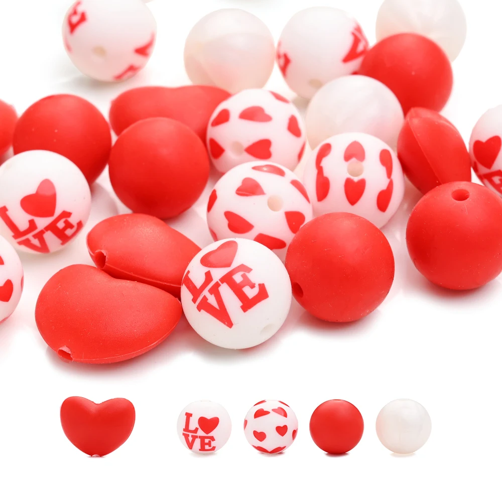 32pcs Love Silicone Bead Set Round Peach Heart LOVE Printed Red Classic Bead DIY Baby Pacifier Chain, Decorations Accessories