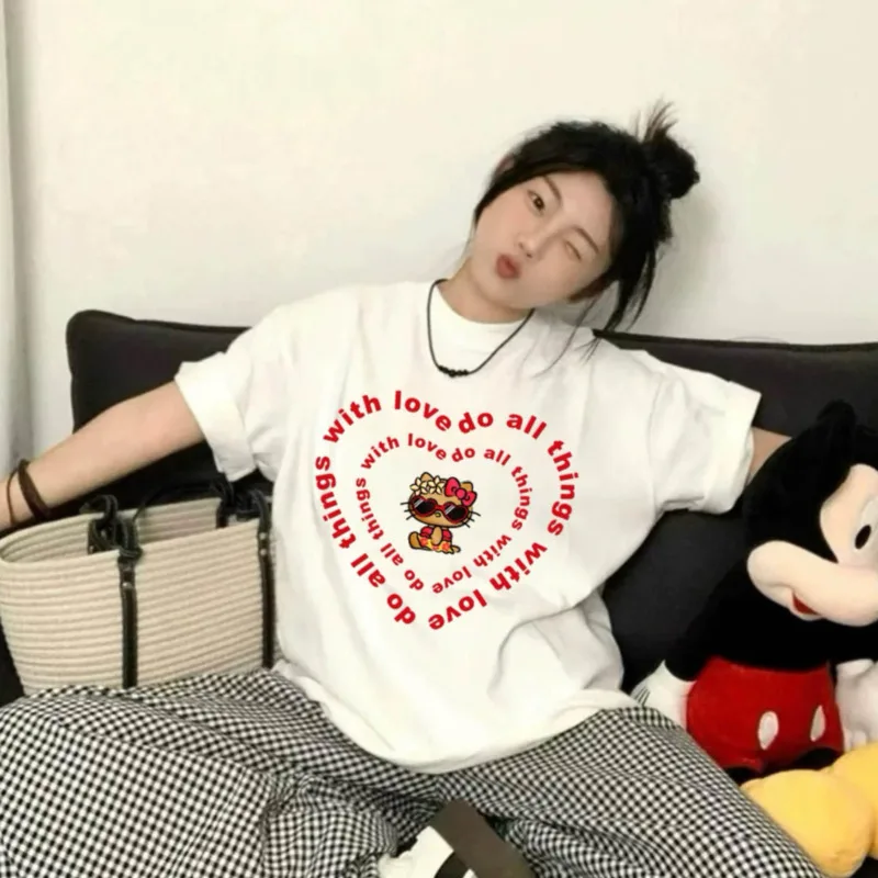 

Miniso Heart Black Hellokitty Y2k Cute T-shirt Letter Printed Kawaii Short-sleeve Top Pure Cotton Oversized Tees Women Clothing