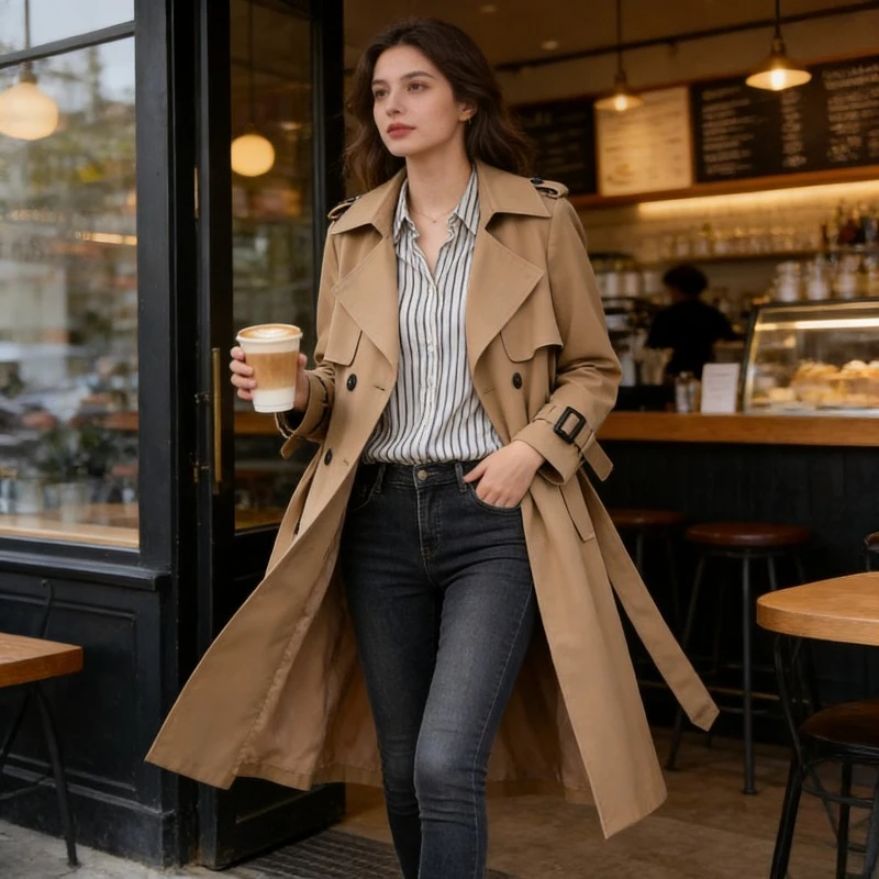 

Classic Double-Breasted Women's Trench Coat 2026 New Comfortable and Casual Belted Knee-Length Elegant Outerwear