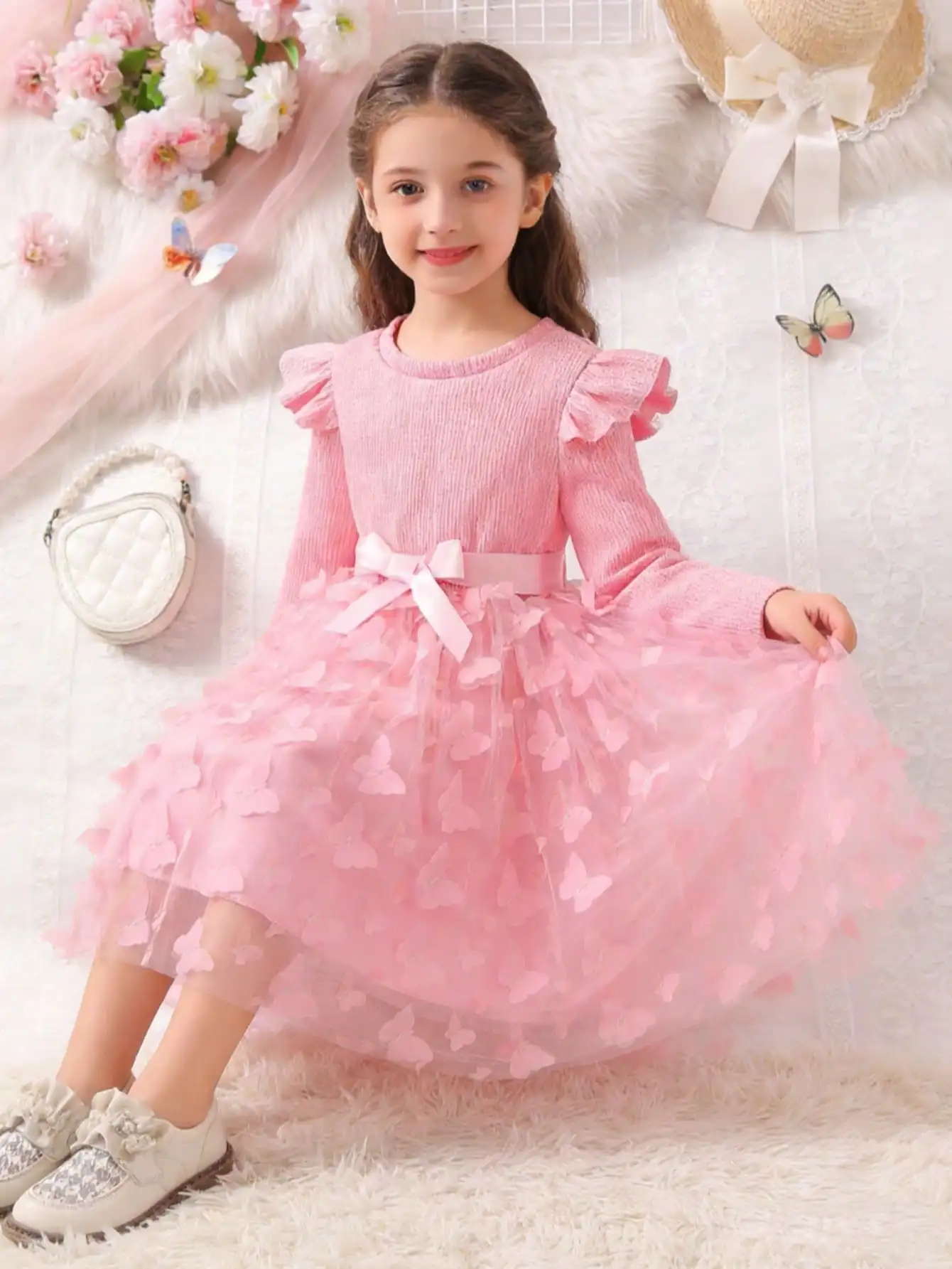 

Sweet long sleeved skirt with small fly sleeves, woven butterfly mesh decoration, cute and fashionable girls' princess skirt