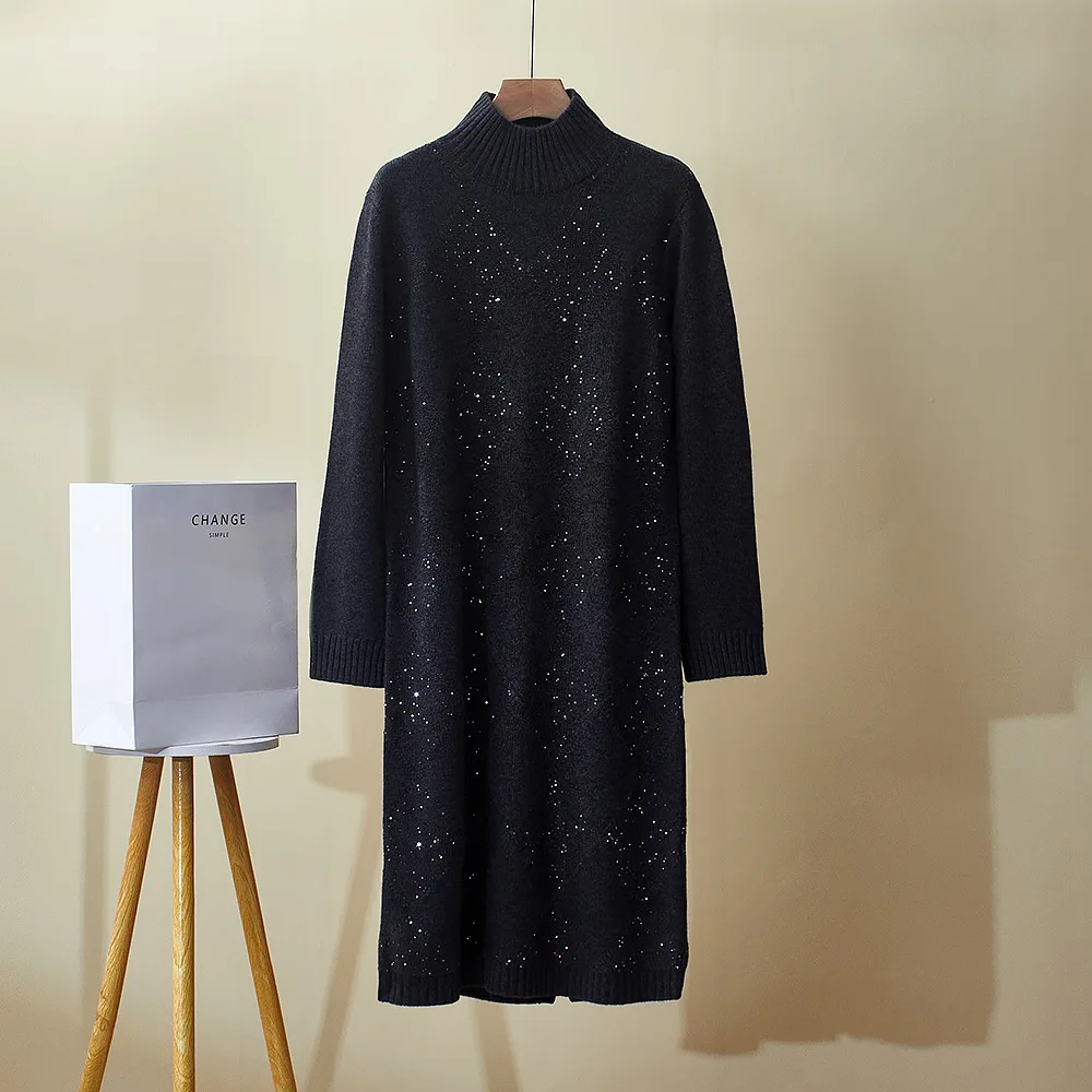 

Winter New Cashmere dress Collar Loose Casual All-match Sequin Rhombic Knitted Sweater Dress
