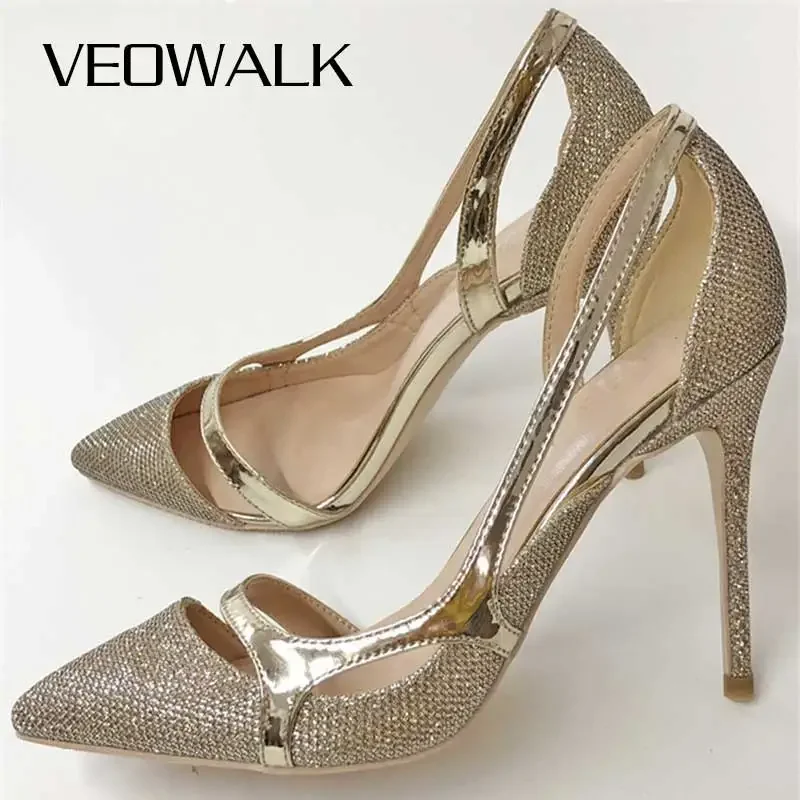 Veowalk-Escarpins À Talons Hauts D'Orsay Pour Femme, Chaussures De Mariage, À Paillettes Dorées, Pointues, Brillantes, 12cm, 10cm