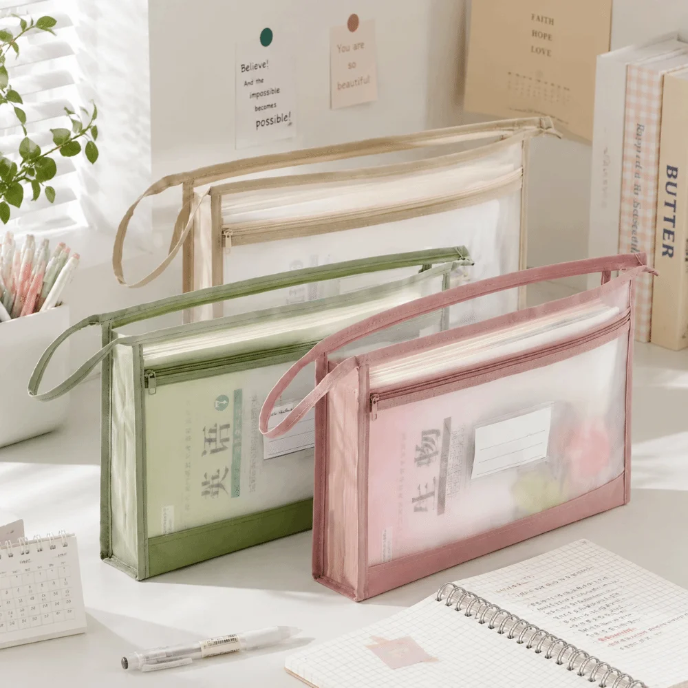 Durable Large Capacity Mesh File Bag Transparent Double Layer Students Organizer Bag Portable Subject File Bag Exam