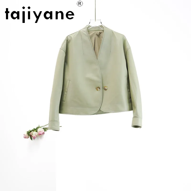 TAJIYANE Genuine Leather Jacket Woman Sheepskin Short Leather Coat Slim Fit Jackets for Woman V-neck Outerwear Multi Colors 자켓