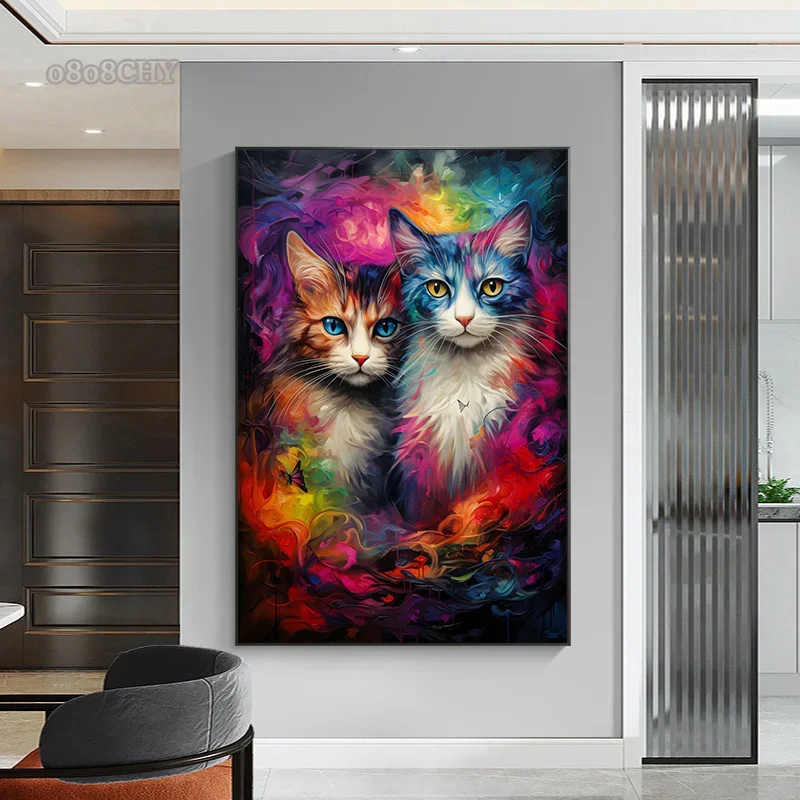 Colorful Couple Cats Canvas Art Painting Two Cats Pop Art Prints Posters Abstract Wall Art Picture for Living Room Home Decor
