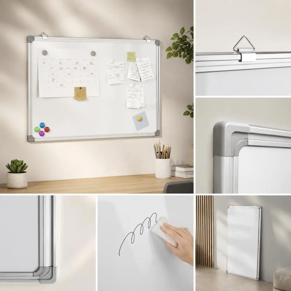 Tableau blanc magnétique 80 x 60 cm avec cadre en aluminium, surface laquée lisse, crochets muraux inclus, pour bureau et maison