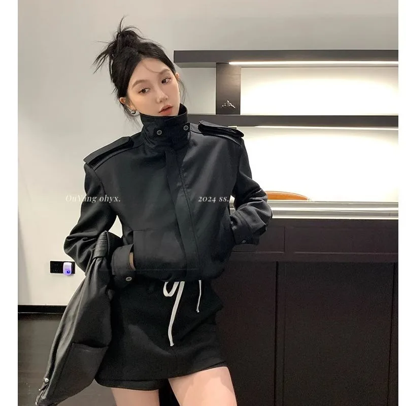 American Retro Stand Collar Casual Jacket Top Women Cool Motorcycle French Temperament Fashion Autumn Streetwear Female Wear New