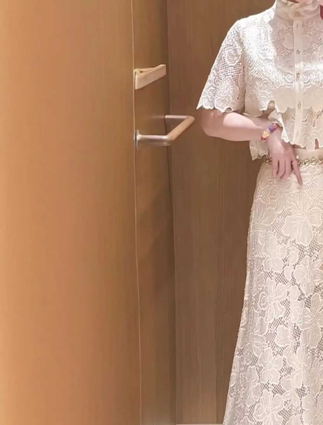 

Spring/Summer Women Stand Collar Lace Short Sleeve Set Single Breasted Shirt + A-Line Maxi Skirt + High Waist Elegant Pants
