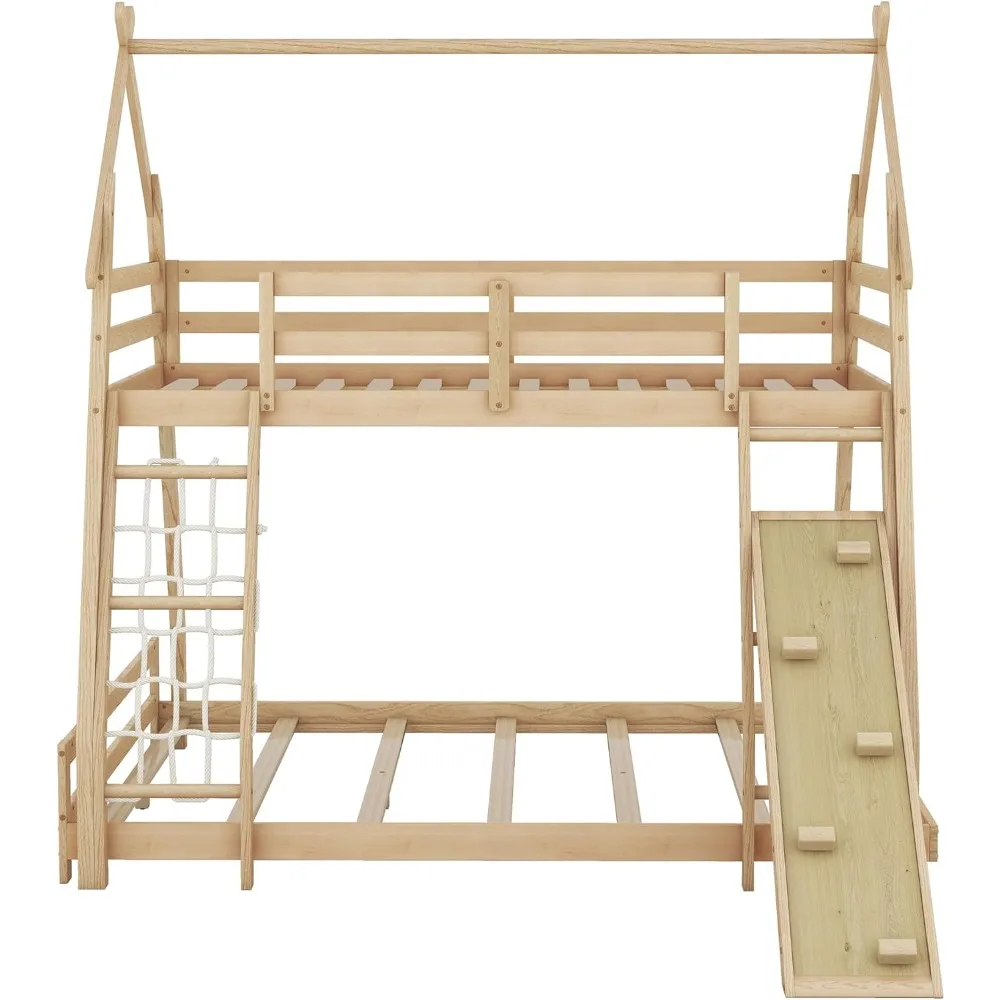سرير بطابقين من SOFTSEA House مزدوج فوق الملكة مع شبكات تسلق وإطار سرير بطابقين من الخشب الصلب لـ 2 (طبيعي) #5