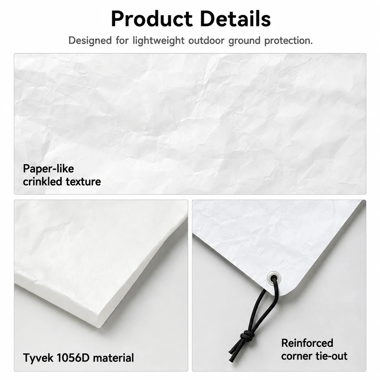 1056D Tyvek Camping Ground Sheet 55g/㎡ Ultralight Waterproof Tent Footprint Tear Resistant Foldable Picnic Mat with Guy Lines