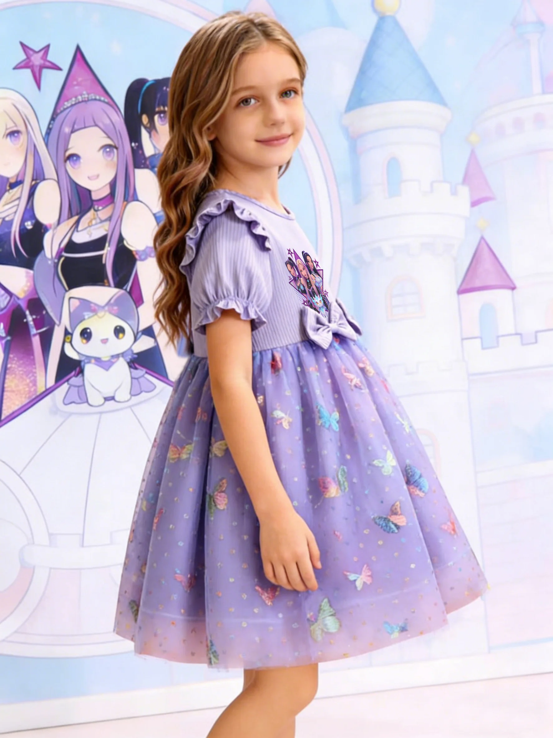 Lila Schmetterling Tüll Prinzessinnenkleid für Mädchen, Sommer Anime IP Besticktes Flatterärmel-Kleid – Detail 5