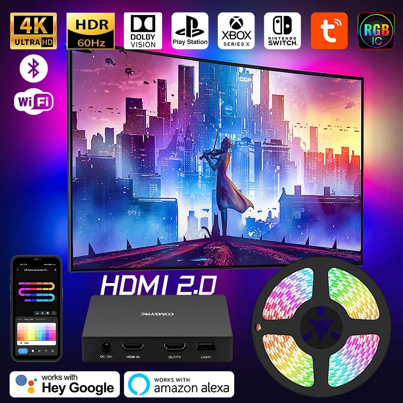 4K HDMI Tv podświetlenie Led Rgb Hue Sync lampa neonowa HDR Tv Lights Smart Focus Wifi Alexa Bluetooth asystent Google sterowanie głosowe