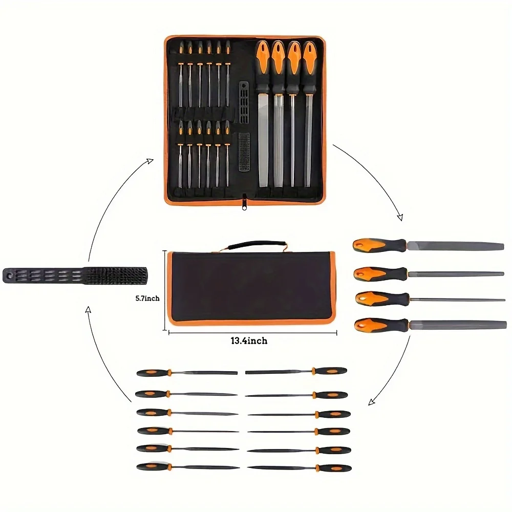 17Pcs File Tool Set, T12 Drop Forged Alloy Steel,Precision Flat/Triangle/Half-round/Round Large File,12pcs Needle Files/1 Brush