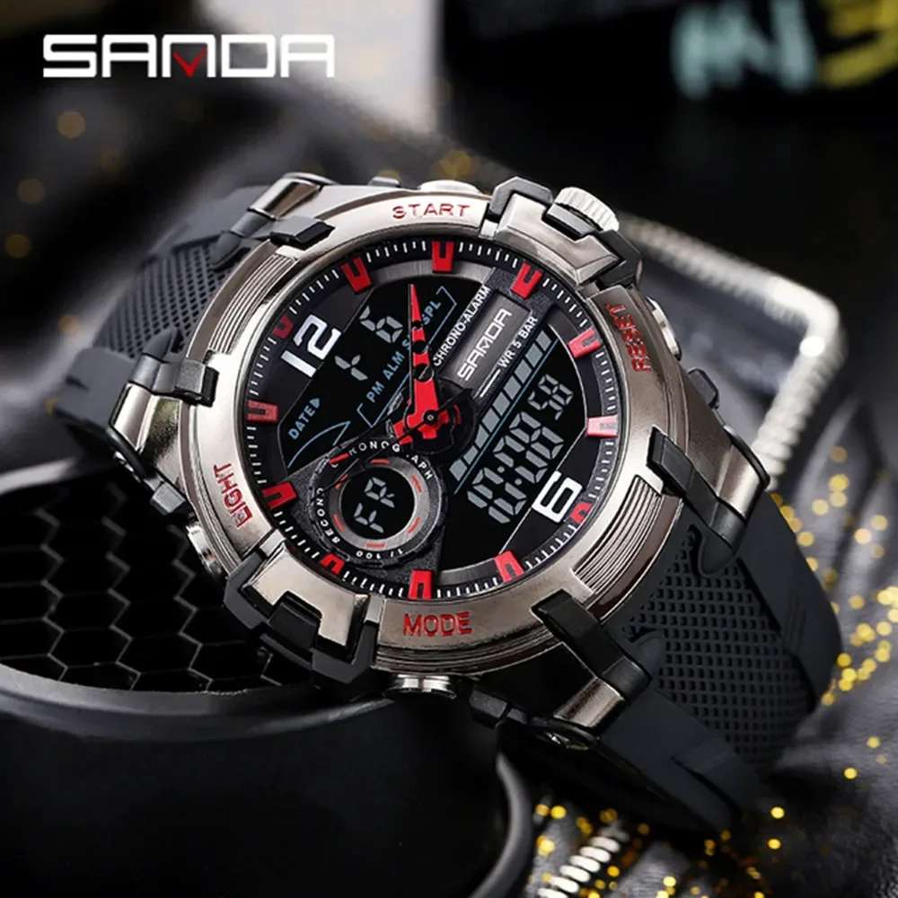 

2024 Sanda Top Brand 6015 Dual Display Wrist Watch Men Watches Male For Clock Military Sport Wristwatch Outdoor Waterproof Hour