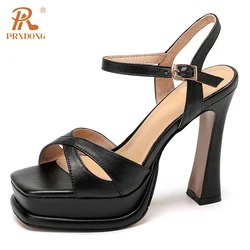 PRXDONG Women's Shoes New Fashion Genuine Leather High Heels Platform Black Beige Dress Party Wedding Female Sandals Shoes 34-39