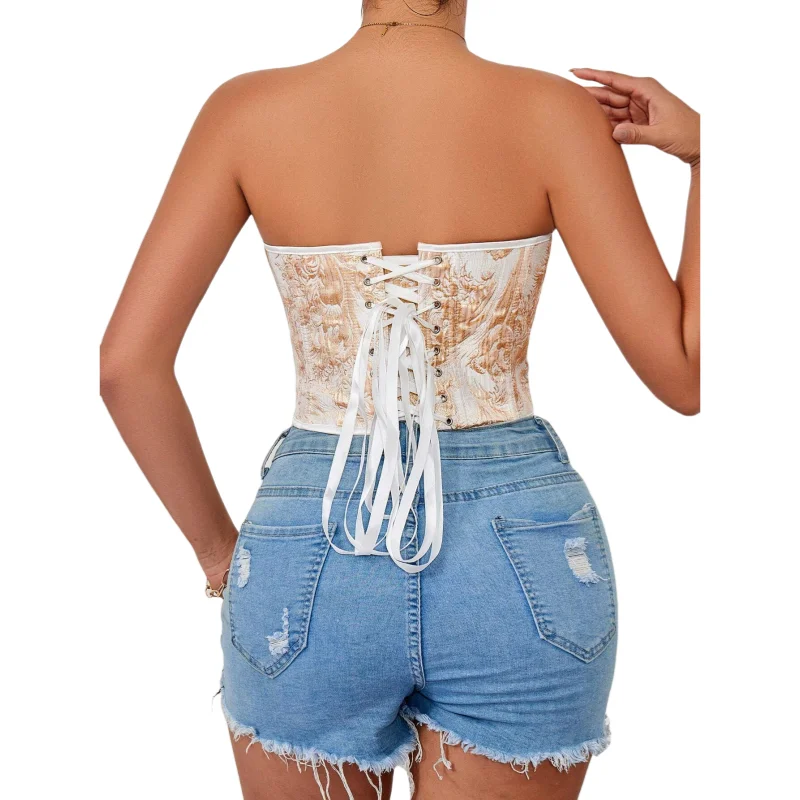 Corsets and Bustiers Gold Floral Vintage Fashion Corset Crop Top Body Shaper Women Sexy Corselet Vest Plus Size