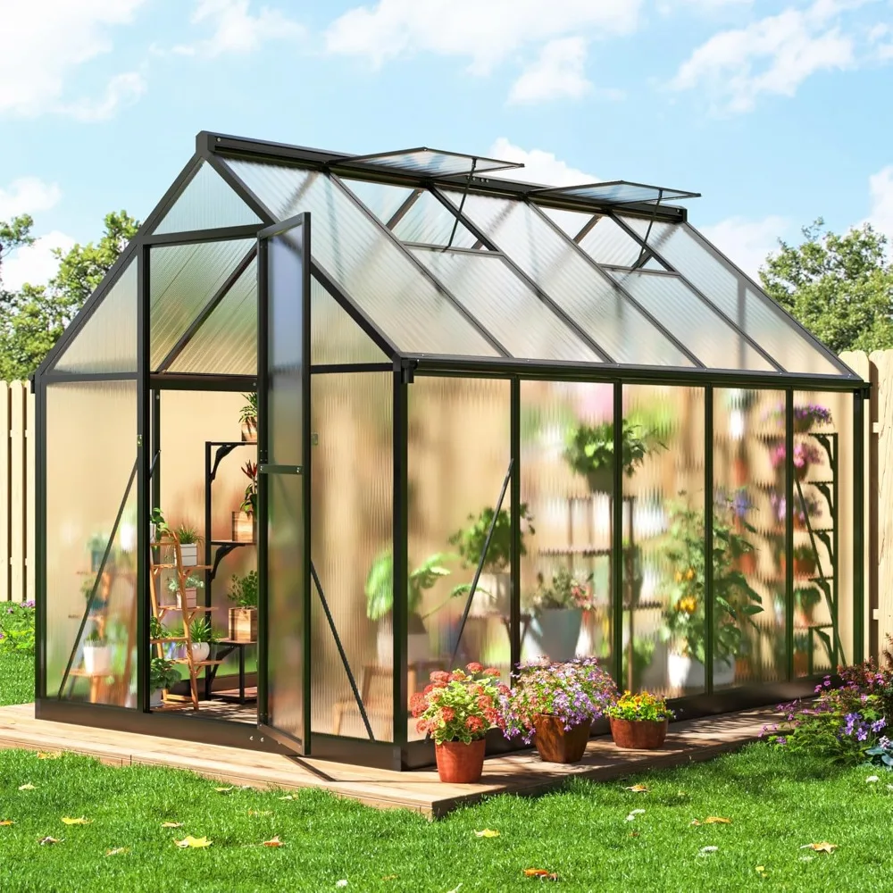 

6x9 FT Greenhouse with Quick Setup Structure and Roof Vent, Outdoor Aluminum Large Walk-in Polycarbonate Greenhouse