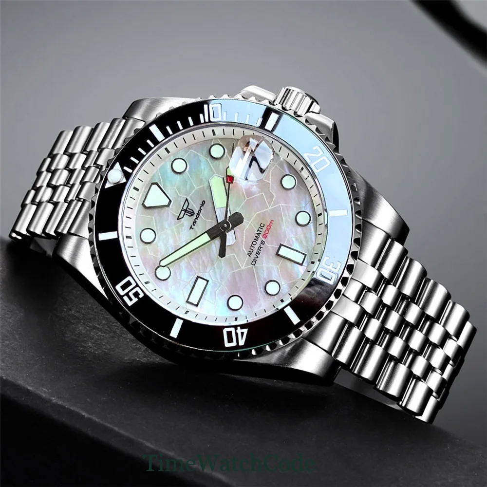 Tandorio Diver Automatic Watch for Men 40mm Mother of Pearl Dial Luminous Face NH35 20ATM 200M Waterproof Glide Lock Bracelet