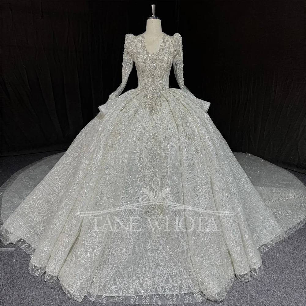 Luxury V-Neck Long Sleeve Wedding Dress Beaded Crystal Sequined Lace Up Keyhole Back Customizable Gown For Brides