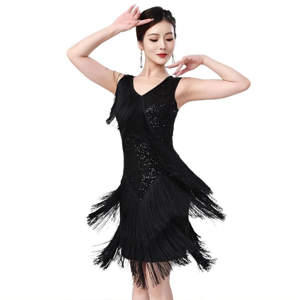 Sleeveless V-Neck Latin Dance Dress for Women, Sequined Fringe Ballroom Salsa Tango Stage Wear