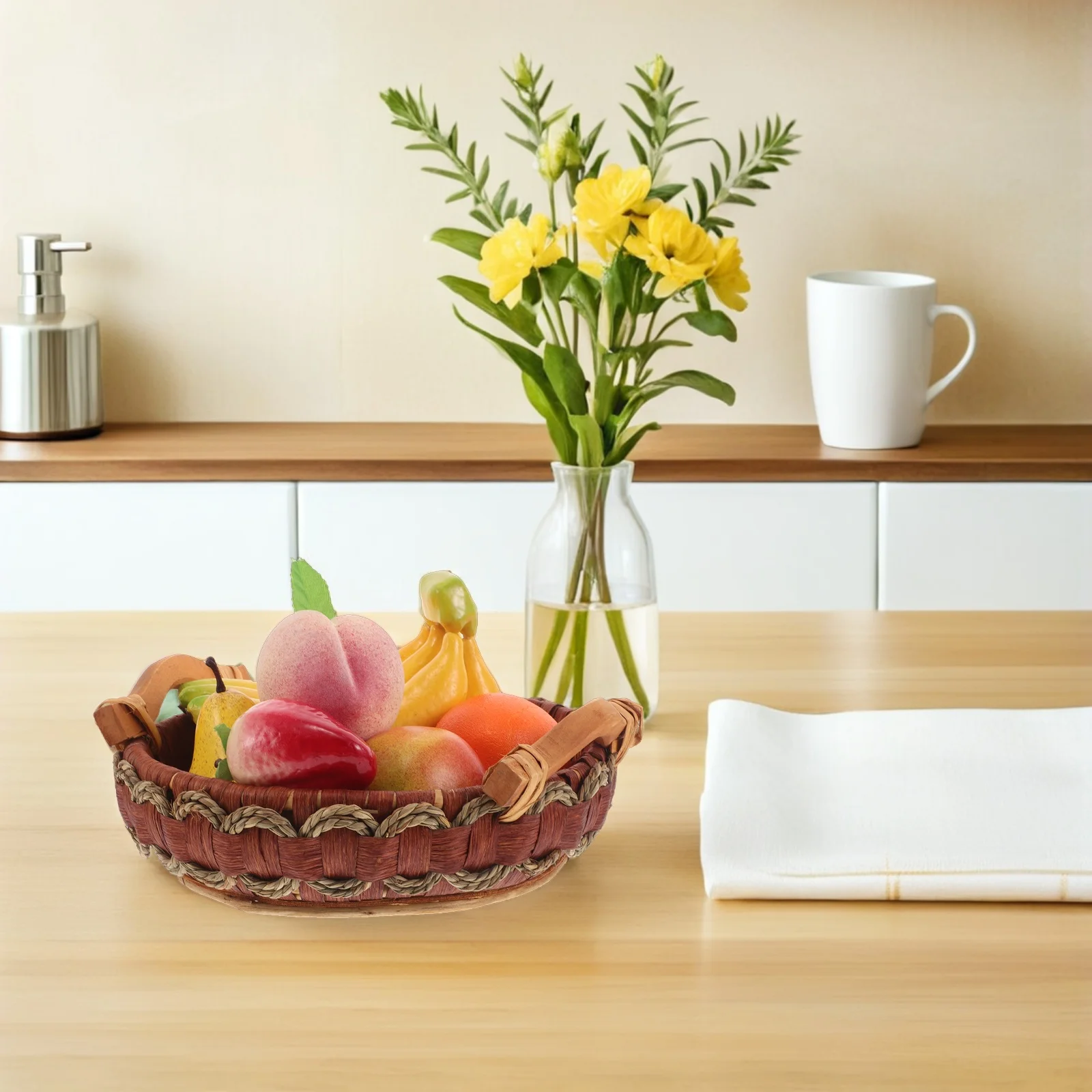 

Round Wicker Basket With Handle Desktop Storage Tray For Fruit Bread Vegetable Serving Woven Serving Basket Tabletop