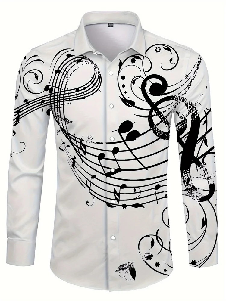 Camisa con estampado 3D de notas musicales para hombre, Top de manga larga con solapa y botones, ropa informal para el día a día, 2024