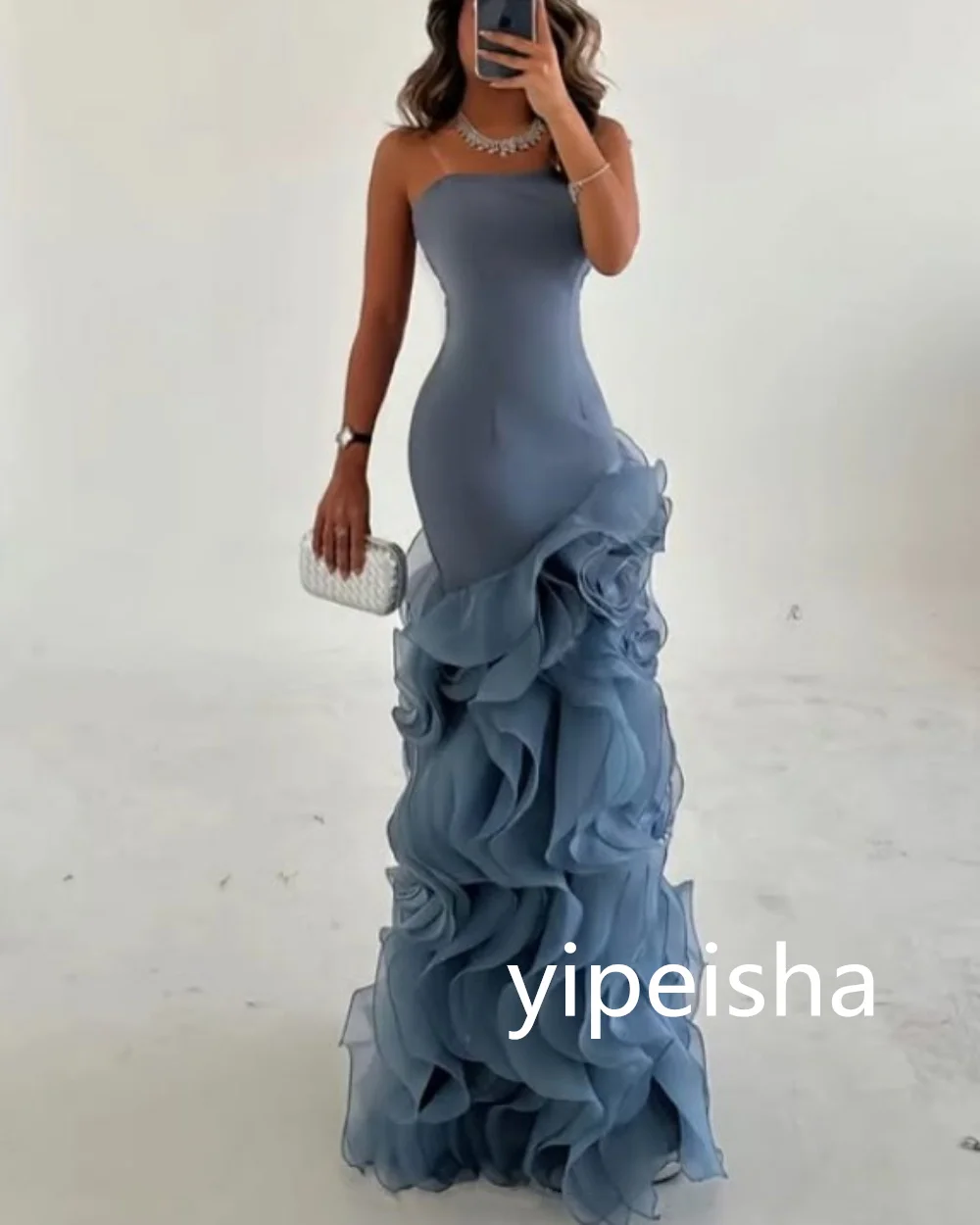 Customized Strapless Jersey Floor-Length Evening Dresses Flowers Mermaid Pleat Prom Gowns Sleeveless Party Dresses