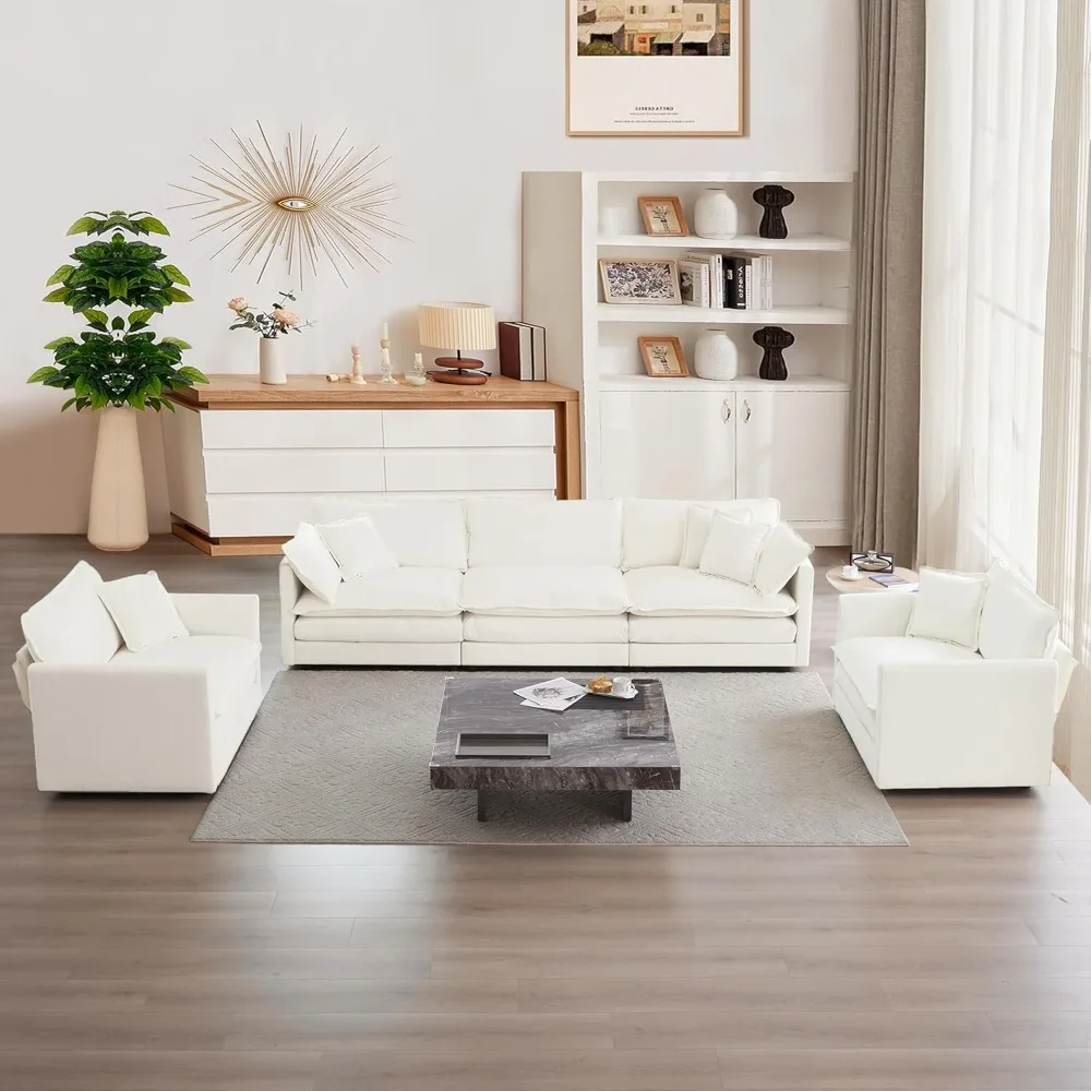 طقم أريكة فاخر مكون من 3 قطع، قطعتين من أريكة فردية وقطعة واحدة مكونة من 3 مقاعد، طقم أرائك سحابة مريحة من الشنيل الحديث مع 7 قطع