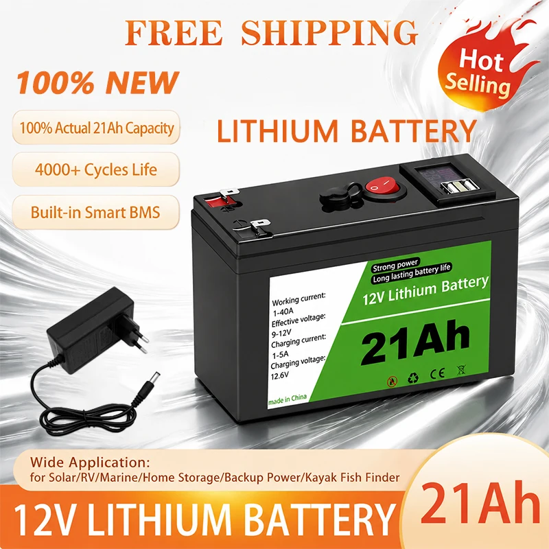 12V 21Ah Rechargeable Lithium Battery,BMS protection Board, Power Supply for Solar Panel, RV, Marine Equipment Energy Backup
