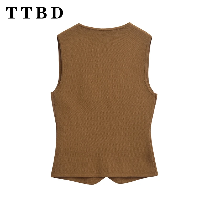 TTBD Woman's 2024 New Autumn Vintage Solid Color Sleeveless Knit Cardigan Gilet Female Casual V-Collar Single-breasted Vest Top