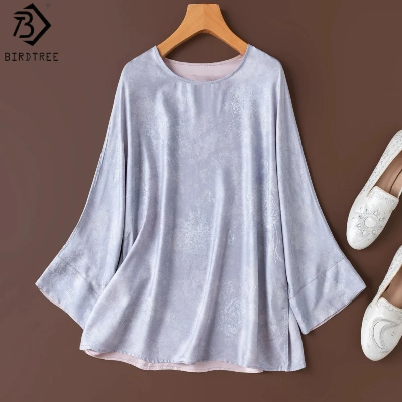 

Birdtree, 100% Silk Reversible Tshirt, O-neck Long Sleeve Tops, Women Liaoling Silk Jacquard Shirt, 2026 Summer New T65726JF