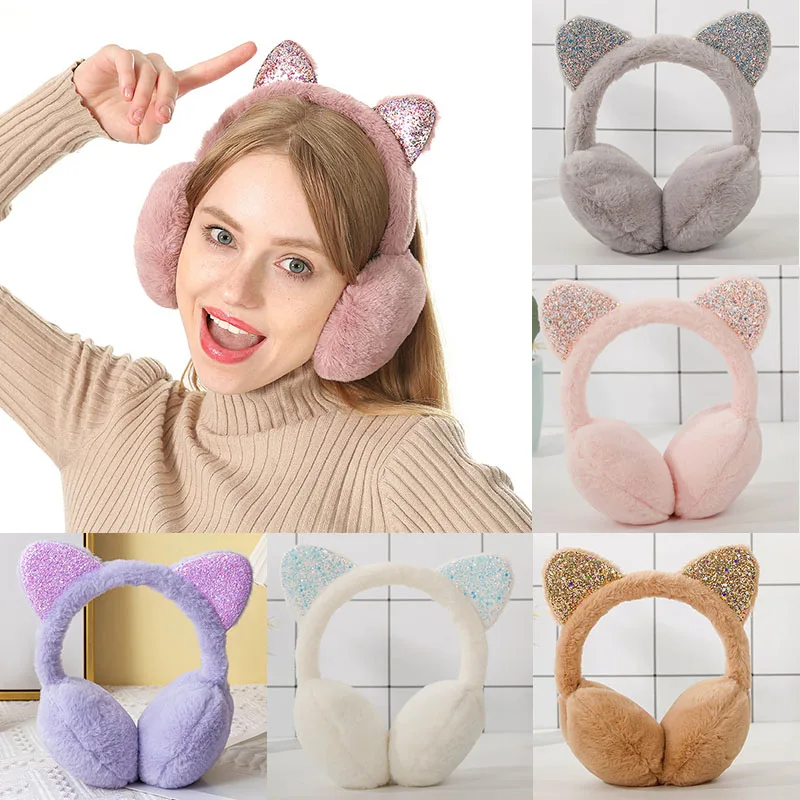 New Cat Ear Warmers Glitter Ears Plush Earmuffs Winter Warm Women Solid Earflap Lovely Girls Ear Muffs Cold Protection Ear Cover