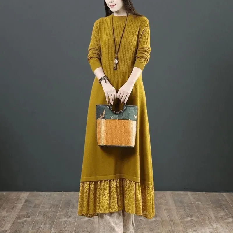 

Women Loose Oversize Knitting Dress 2024 New Fashion Solid Patchwork Lace Hem Pullover Female Long Sweater dress