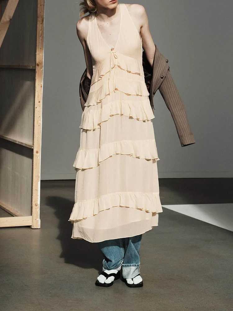 

High-End ZA2026 Spring Winter New Layered Decorative Midi Dr Ele Faionable Women's Clothing Stage Costume