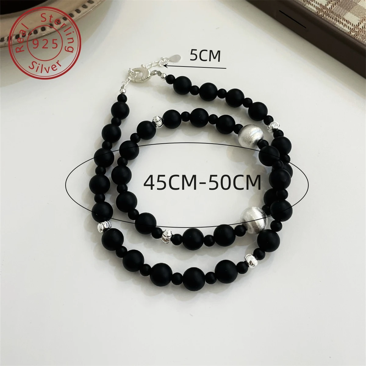 925 silver frosted natural glossy agate silver bead necklace, autumn and winter atmosphere sense, Korean ins style