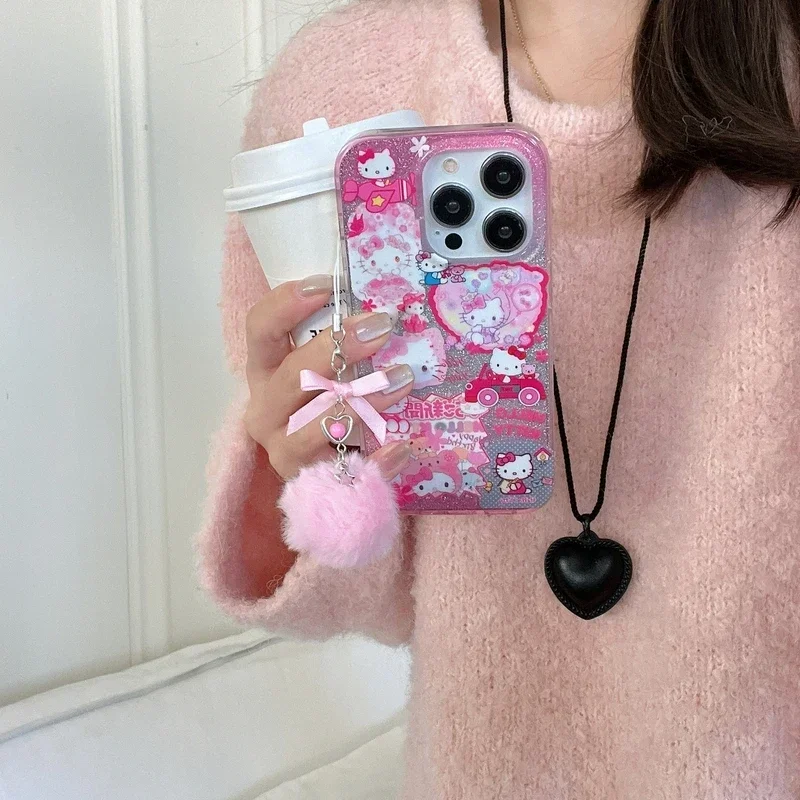 Śliczne kreskówkowe Sanrio Y2K Hello Kitty Bling brokatowe etui na telefon iPhone 15 14 13 12 11 Pro Max etui odporne na wstrząsy twarde etui IMD