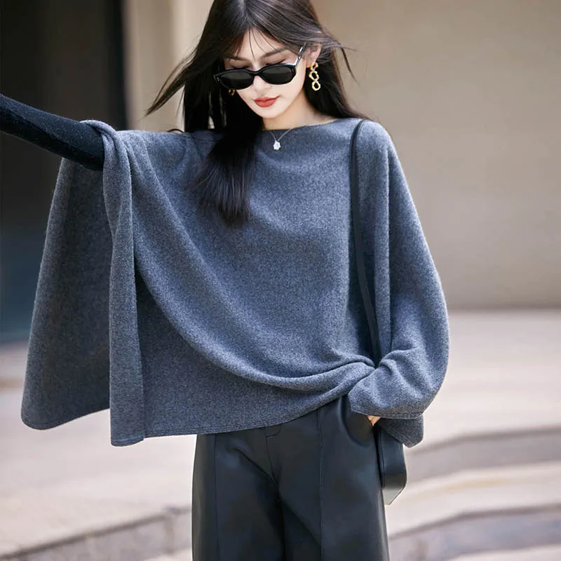 Women 100% Merino Wool Autumn Winter One Color Shawl Pullover Wraps Grace Warm Soft Knitted Sweater Female Clothing Korean Tops