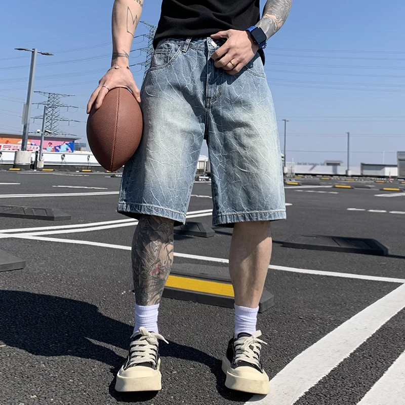 

9363 American high street retro washed burst grain denim shorts men's summer tide hundred five trousers