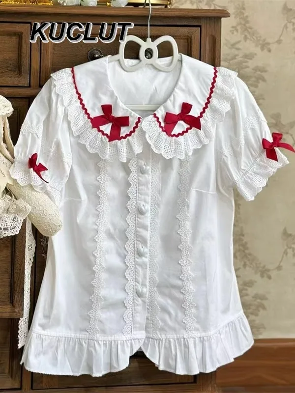 Women's Tops Summer Fashion White Shirt Original 2025 New Bow Doll Collar White Lolita Style Inner Short Sleeve Blouse