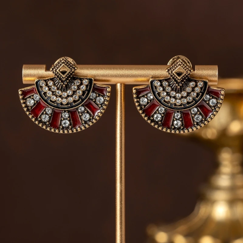 Vintage Enamel Fan Earrings Sparkling Rhinestone Details Retro Statement Earrings for Women