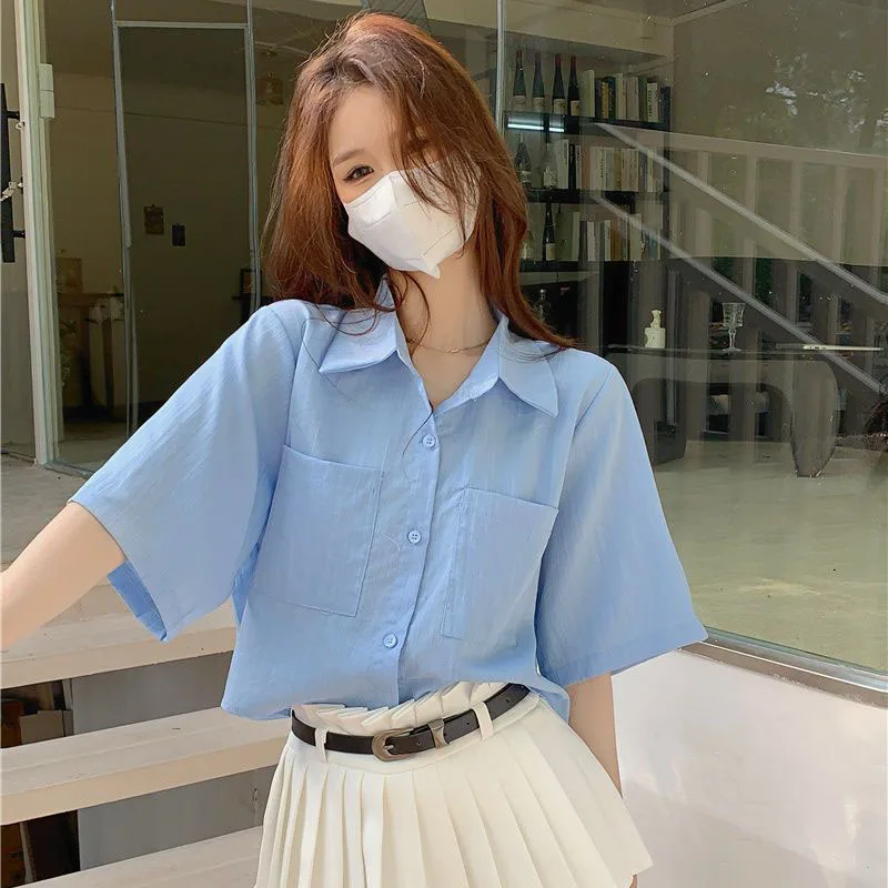 Summer Women's Short Sleeves Shirts All-Match Simple Loose Basic Casual Shirt Ladies Korean Single-Breasted Pockets Cropped Top