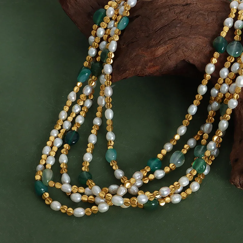 Marka Natural Freshwater Pearl Necklace Green Natural Stone Jewelry Accessories Gold Plated Beaded Chain Girl Gift Sale