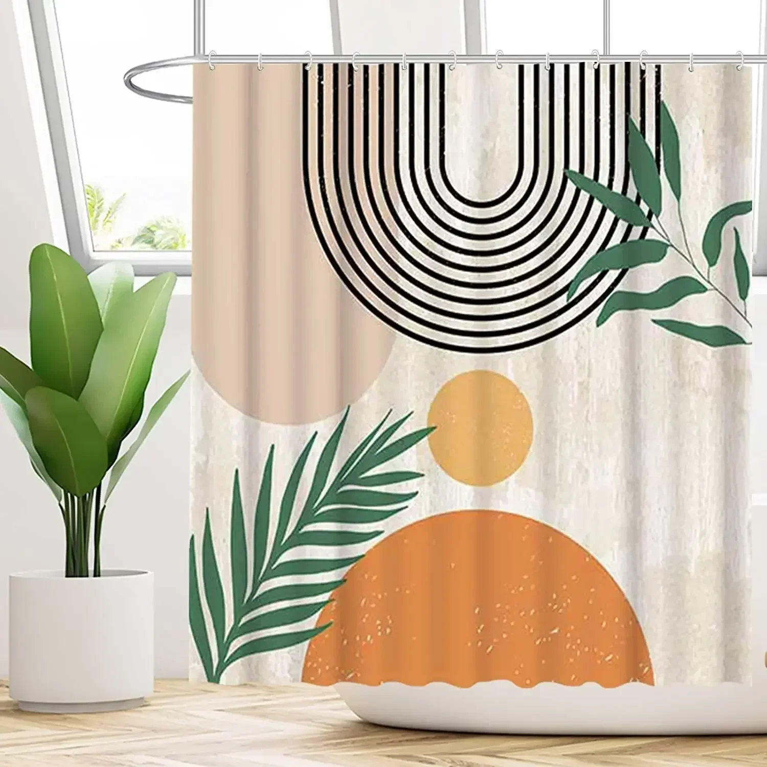 Mid Century Abstract Shower Curtains Boho Arch Sun Beige Modern Minimalistic Home Bathroom Curtain Decor Polyester Fabric Hooks