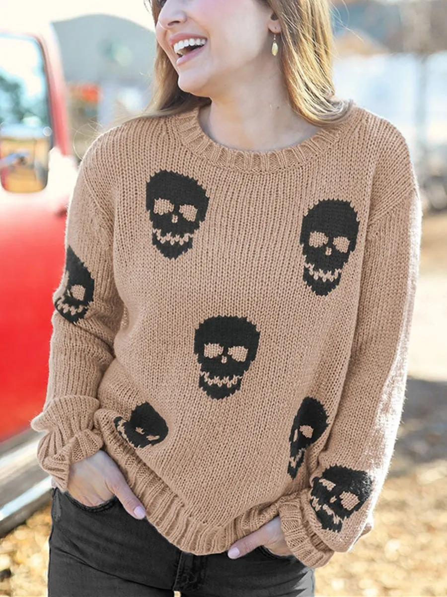 Spooktacular Style Halloween Sweater Autumn Skull Print Crew Neck Long Sleeve Pullovers Tops Trick-or-treating Fall Knitwear Y2K