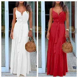 Summer New Women's Clothing European Style Unique Button V-neck Spliced Tank Dress Long Dress Sleeveless