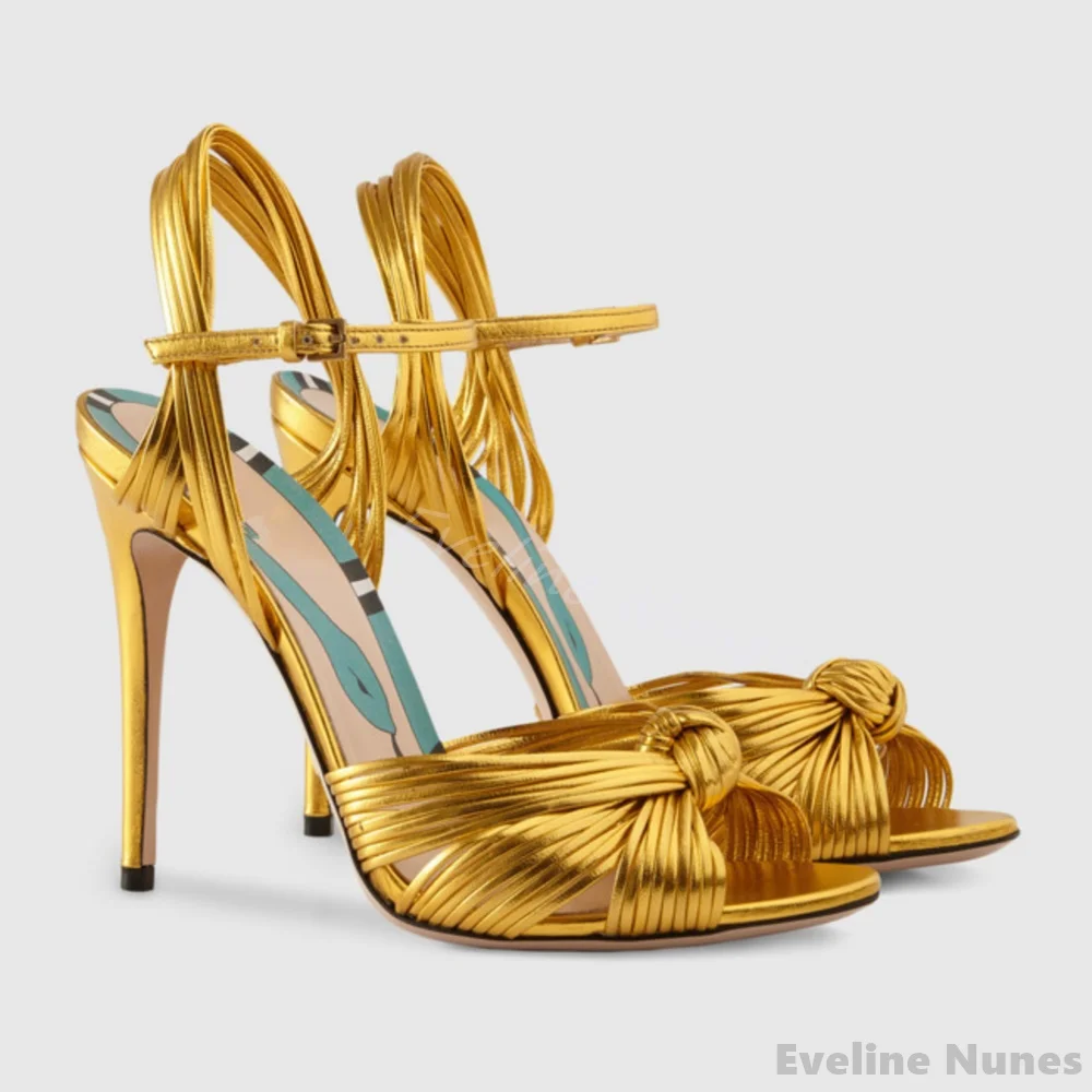 Sandalias con punta abierta tejidas con cinturón fino para mujer, tacón de aguja de serpiente, correa en el tobillo, sandalias de cuero dorado, nuevas sandalias de moda de verano 2025