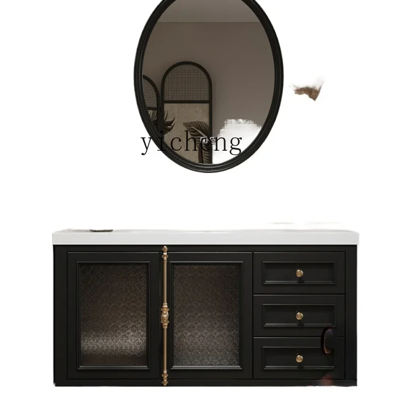 

new rock slab hot bending seamless integrated basin light luxury rubber wood paint bathroom cabinet